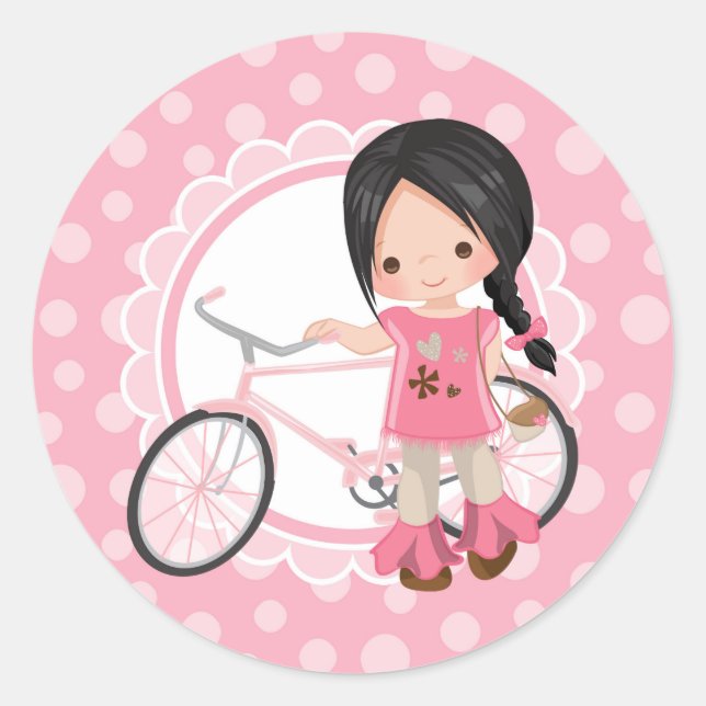 Sticker Rond Fille à vélo noire Haired - Blanc rose (Devant)