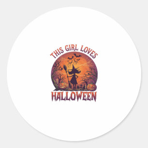Sticker Rond Fille aime Halloween Sorcière Citrouilles Chauves-