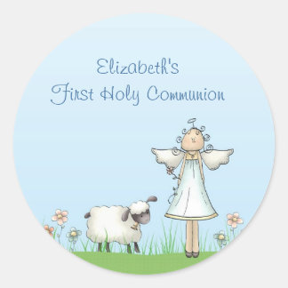 Sticker Rond Fille Ange et Agneau, Bleu, Première Communion