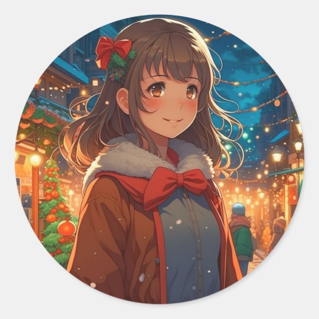 Sticker Rond Fille Anime dans la nuit de Noël (Devant)