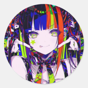 Sticker Rond Fille Anime Neon Glitchcore Étoile sur la joue
