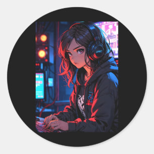 Sticker Rond Fille Anime Rétro Joueuse Configuration de Streami