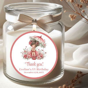 Sticker Rond Fille Anniversaire Fleurs de Fée Fantaisistes Rose