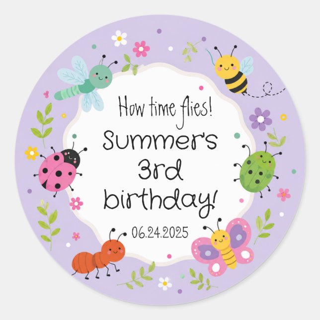 Sticker Rond Fille Anniversaire Mignon Insectes Violet  (Devant)