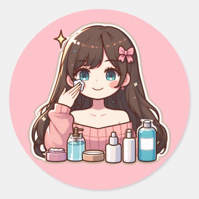 Sticker Rond Fille appliquant des soins skincare art mignon des (Devant)