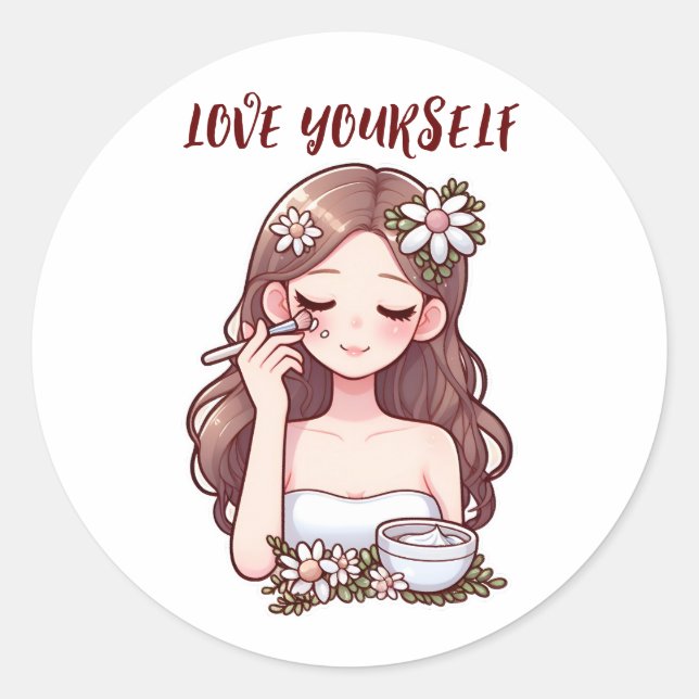 Sticker Rond Fille appliquant skincare Aimez-vous (Devant)