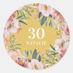 Sticker Rond Fille aquarelle fleurie anniversaire jaune