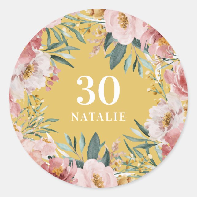 Sticker Rond Fille aquarelle fleurie anniversaire jaune (Devant)
