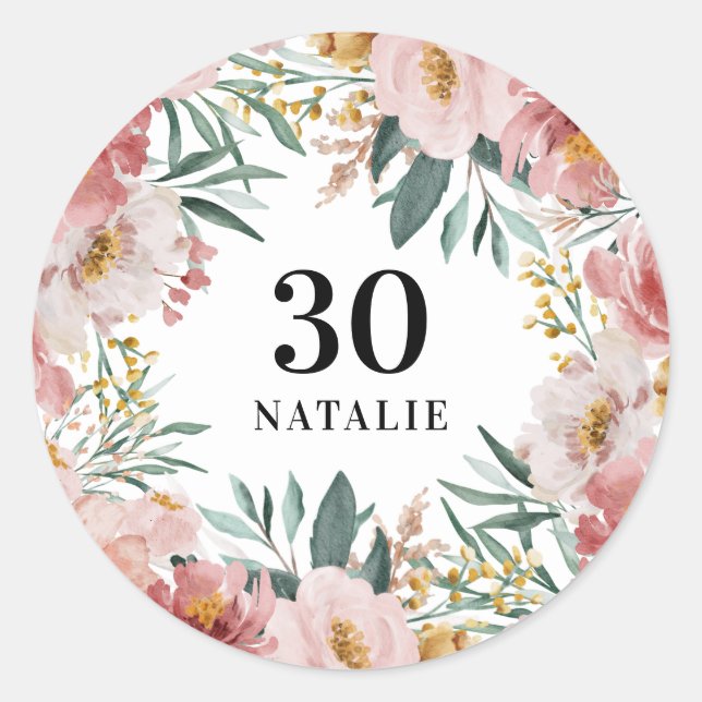 Sticker Rond Fille aquarelle florale anniversaire rose chic (Devant)