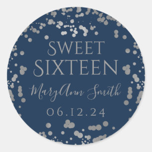 Sticker Rond Fille Argent Foil Confetti Marine Sweet sixteen