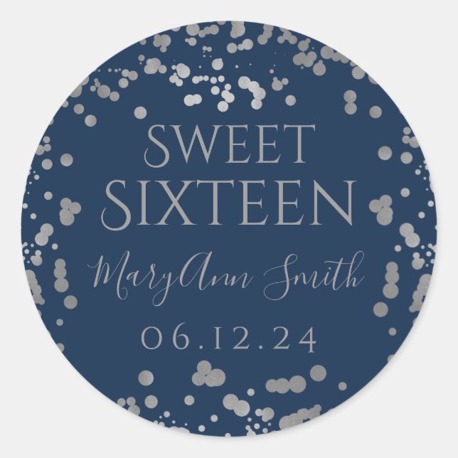 Sticker Rond Fille Argent Foil Confetti Marine Sweet sixteen (Devant)