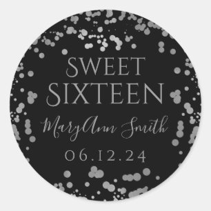 Sticker Rond Fille Argent Sweet sixteen Confetti Noir