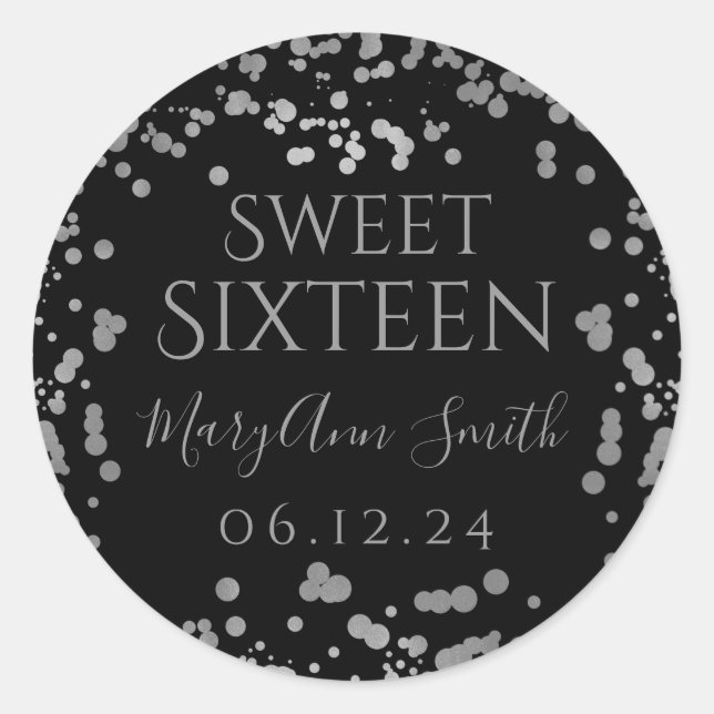 Sticker Rond Fille Argent Sweet sixteen Confetti Noir (Devant)