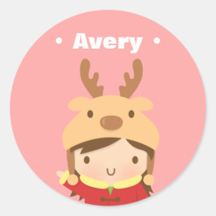 Sticker Rond Fille au chapeau de renne mignon Enfants Christmas