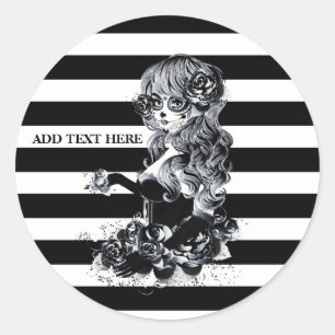 Sticker Rond Fille aux crânes de sucre jolis rayés noir et blan