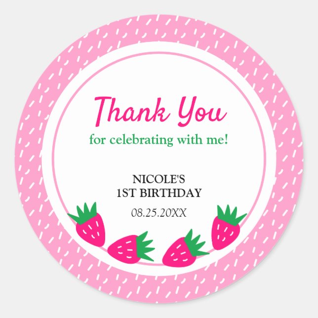 Sticker Rond Fille aux fraises rose mignonne Anniversaire Merci (Devant)
