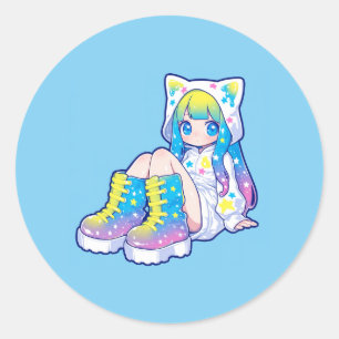 Sticker Rond Fille aux oreilles de chat et étoile arc-en-ciel K