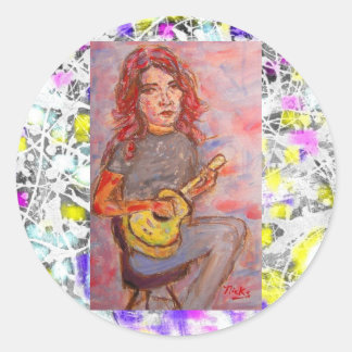 Sticker Rond fille avec cheveux rouges et goutte d'ukulele