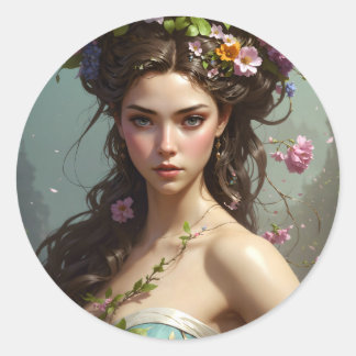 Sticker Rond Fille avec des fleurs dans ses cheveux