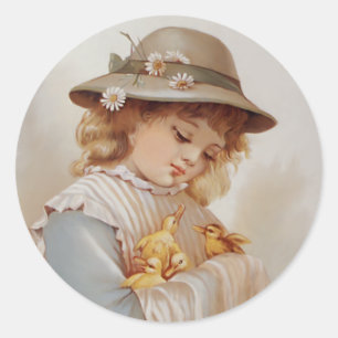 Sticker Rond Fille avec des petits canards