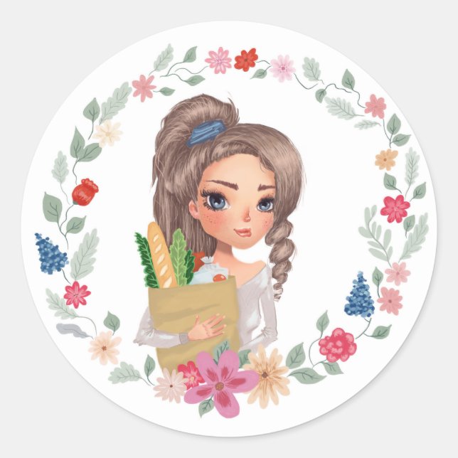 Sticker Rond Fille avec épicerie (Devant)