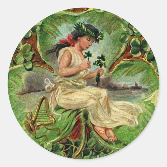 Sticker Rond Fille avec harpe et shamrocks (Devant)