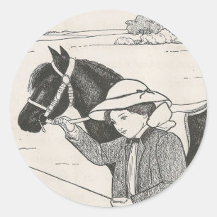 Sticker Rond Fille avec le poney