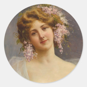 Sticker Rond Fille avec Lilacs, Achille Beltrame Art