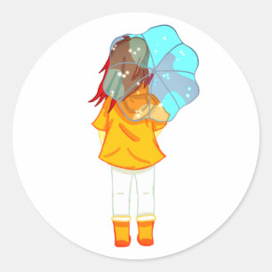 Sticker Rond Fille avec parapluie dans le dessin éolien