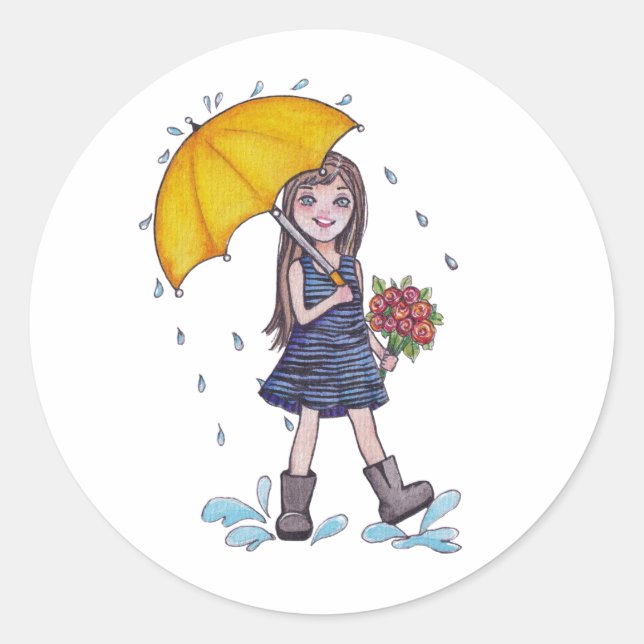Sticker Rond Fille Avec Parapluie Jaune En Aquarelle (Devant)