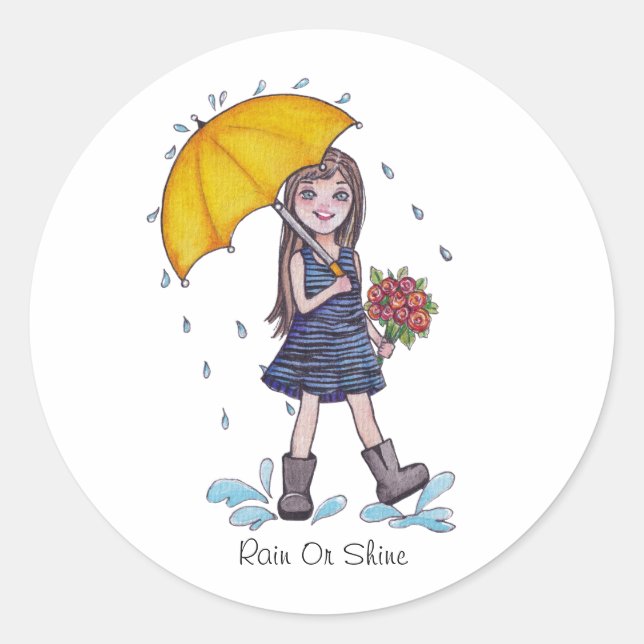Sticker Rond Fille Avec Parapluie Jaune En Aquarelle (Devant)