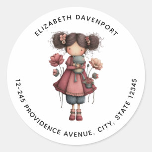 Sticker Rond Fille avec une poupée grenouille Mignonne Adresse
