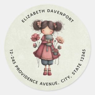 Sticker Rond Fille avec une poupée grenouille Mignonne Adresse