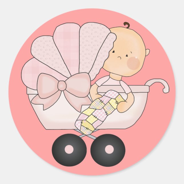 Sticker Rond Fille Baby shower+Bébé mignon Buggy/rose (Devant)