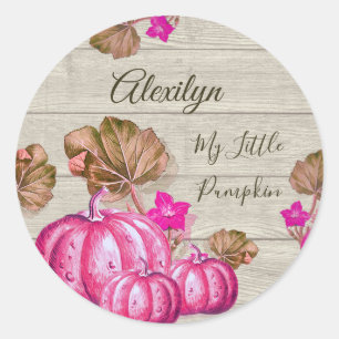 Sticker Rond Fille Baby shower Gris Bois Automne rose Citrouill