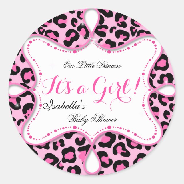 Sticker Rond Fille Baby Shower Princesse Léopard Rose (Devant)