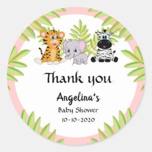 Sticker Rond Fille Baby shower rose mignon Safari Jungle Merci