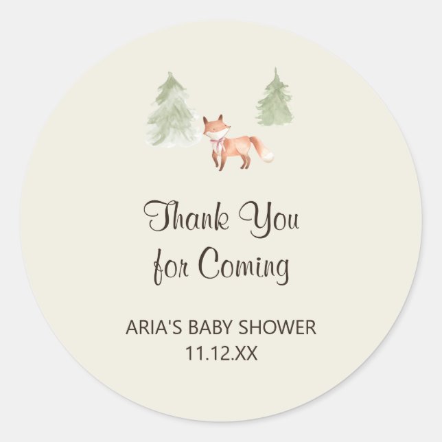 Sticker Rond Fille Baby shower Woodland Fox Favoriser (Devant)