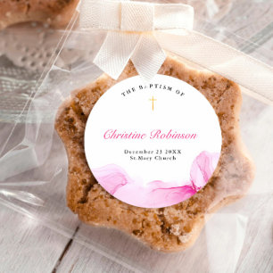 Sticker Rond Fille Baptême Christening Encre Rose