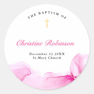 Sticker Rond Fille Baptême Christening Encre Rose