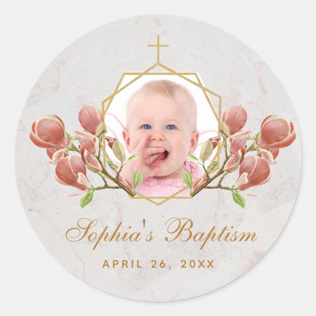 Sticker Rond Fille Baptême Photo rose Magnolia Floral Géométriq (Devant)