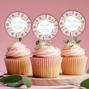 Sticker Rond Fille bébé dans le Baby shower en fleurs