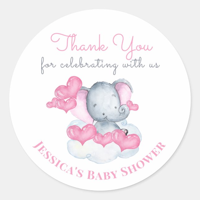 Sticker Rond Fille bébé éléphant avec coeur rose - Merci (Devant)