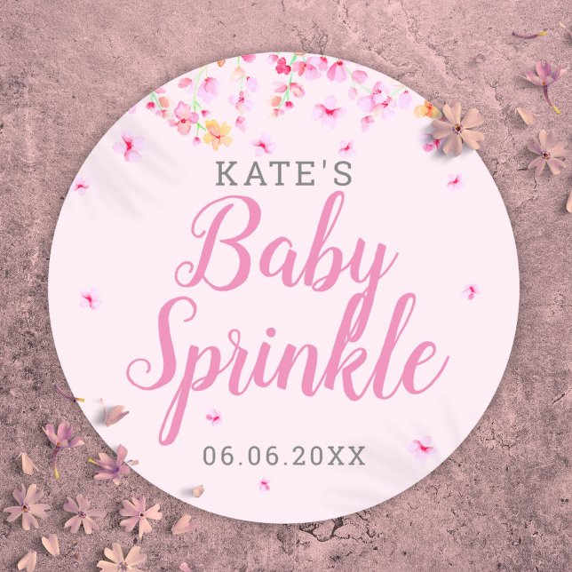 Sticker Rond Fille Bébé Goutte Rose Aquarelle Fleur Floral (Baby Girl Sprinkle Pink Watercolor Blossom Floral Classic Round Sticker)