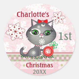 Sticker Rond Fille bébé personnalisée Chat Premier Noël