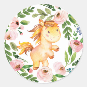 Sticker Rond Fille Blush Floral Baby Cheval Douche 1er Annivers