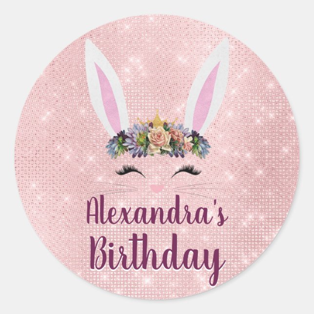 Sticker Rond Fille Blush rose lapin de Pâques fête d'anniversai (Devant)