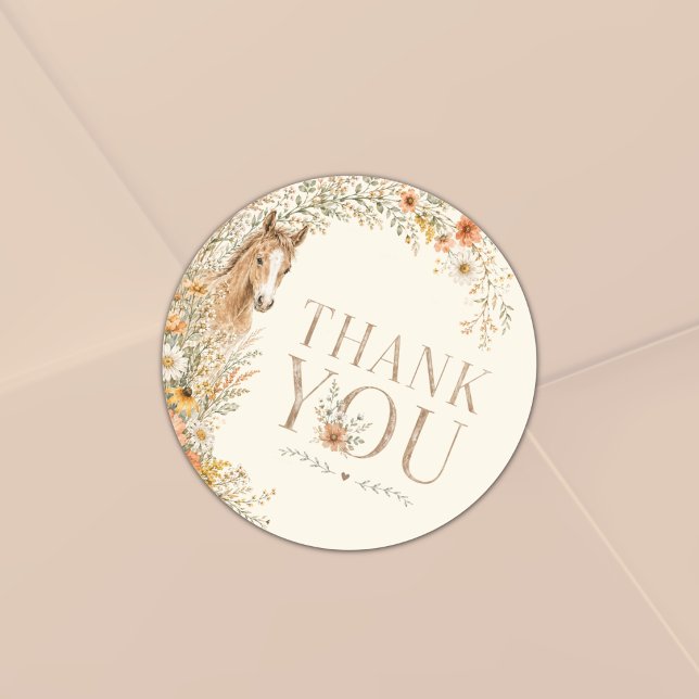 Sticker Rond Fille Boho Orange Fleur Sauvage Cheval Anniversair (Créateur téléchargé)