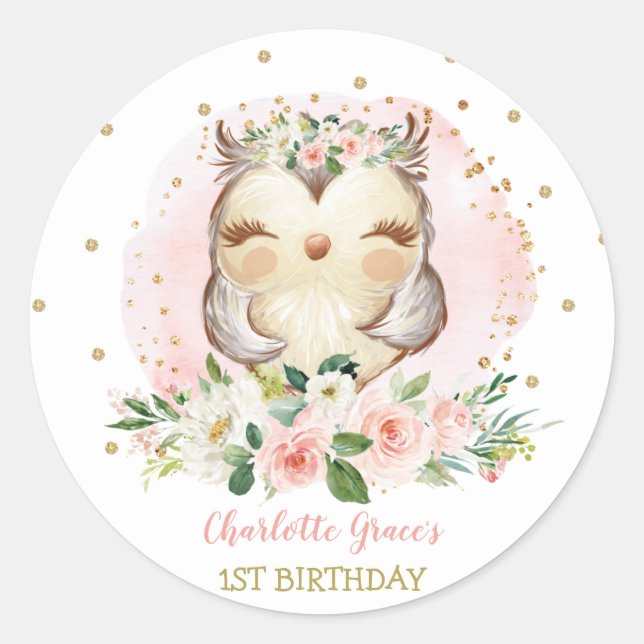 Sticker Rond Fille Bois Chouette Bébé 1er Anniversaire Fête Fav (Devant)