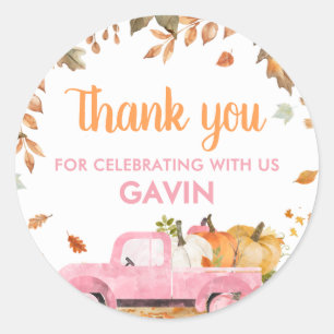 Sticker Rond Fille Camion à citrouille rose Automne Anniversair